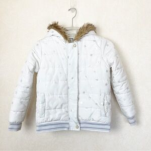 Gymboree White Star-Patterned Kids Jacket with Faux Fur Hood Girl Size 10